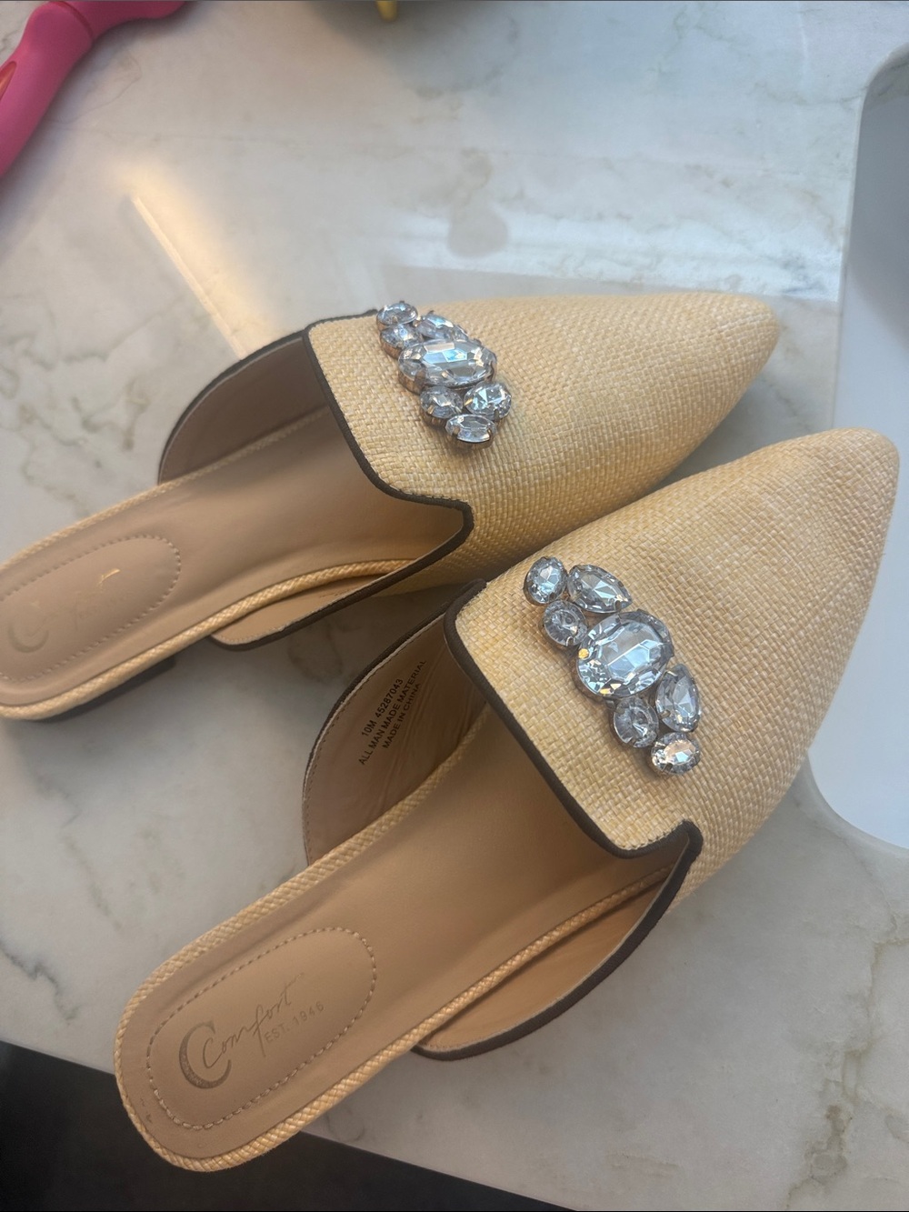 Embellished Beige Pointed-Toe Slip-On Mules
